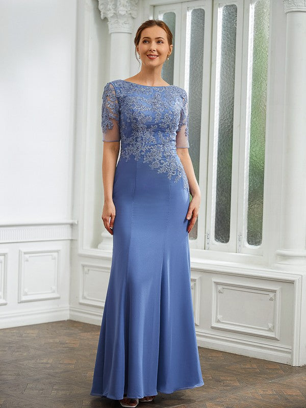 Aimishang Sheath/Column Chiffon Applique Bateau Short Sleeves Floor-Length Mother of the Bride Dresses