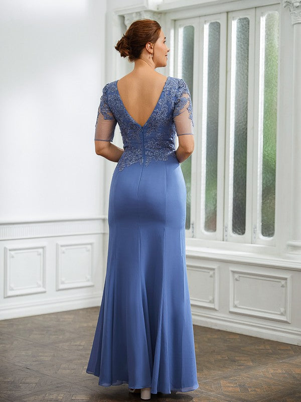 Aimishang Sheath/Column Chiffon Applique Bateau Short Sleeves Floor-Length Mother of the Bride Dresses