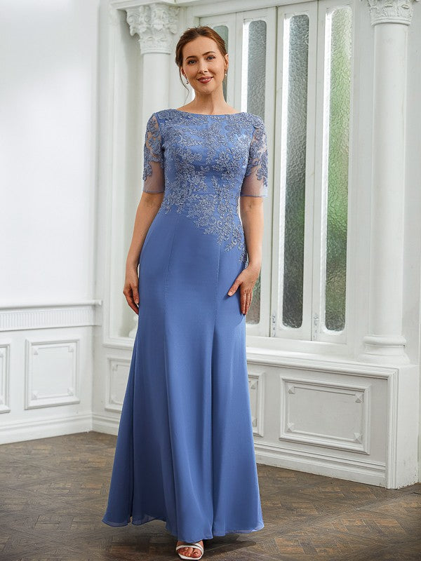 Aimishang Sheath/Column Chiffon Applique Bateau Short Sleeves Floor-Length Mother of the Bride Dresses