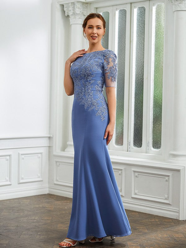 Aimishang Sheath/Column Chiffon Applique Bateau Short Sleeves Floor-Length Mother of the Bride Dresses