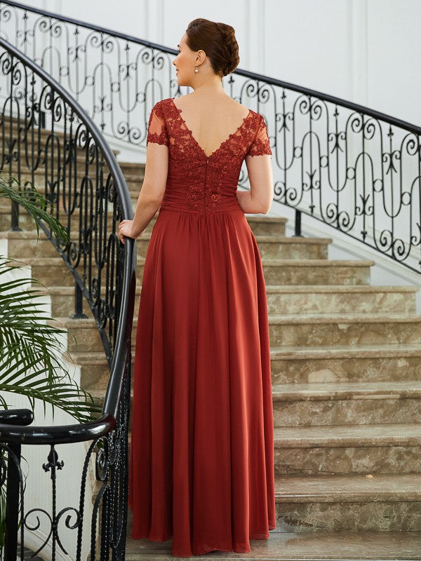 Aimishang A-Line/Princess Chiffon Ruched V-neck Short Sleeves Asymmetrical Mother of the Bride Dresses