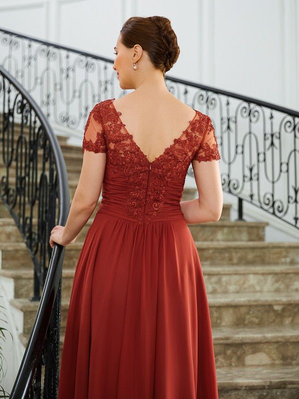 Aimishang A-Line/Princess Chiffon Ruched V-neck Short Sleeves Asymmetrical Mother of the Bride Dresses