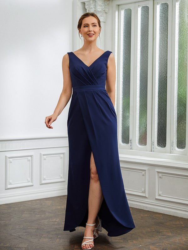 Aimishang Sheath/Column Stretch Crepe Ruched V-neck Sleeveless Floor-Length Mother of the Bride Dresses
