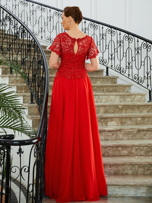 Aimishang A-Line/Princess Chiffon Applique Scoop Short Sleeves Sweep/Brush Train Mother of the Bride Dresses
