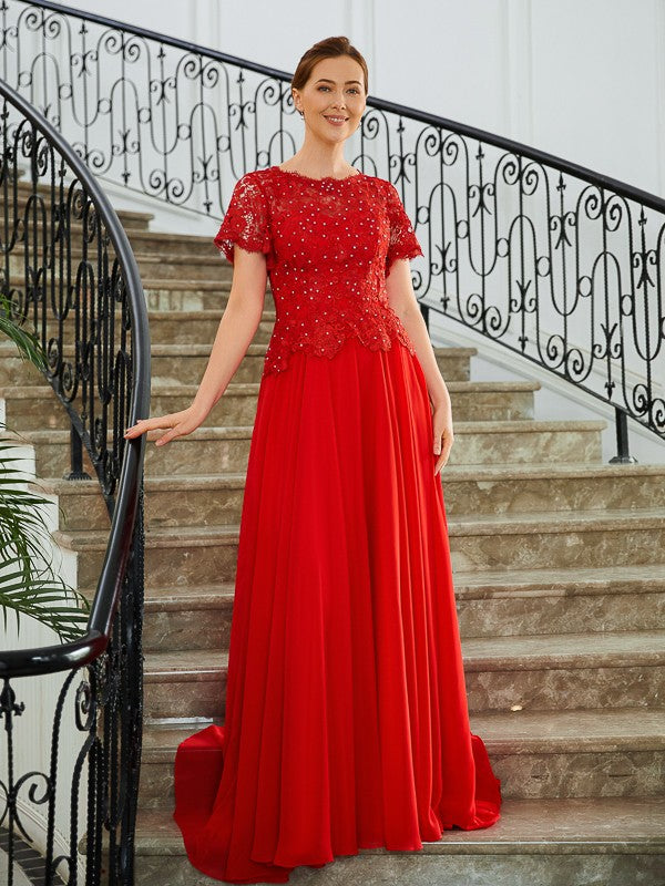 Aimishang A-Line/Princess Chiffon Applique Scoop Short Sleeves Sweep/Brush Train Mother of the Bride Dresses