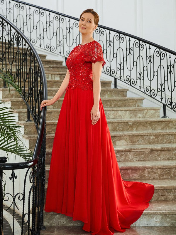 Aimishang A-Line/Princess Chiffon Applique Scoop Short Sleeves Sweep/Brush Train Mother of the Bride Dresses