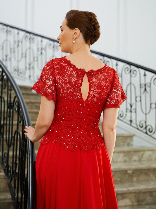 Aimishang A-Line/Princess Chiffon Applique Scoop Short Sleeves Sweep/Brush Train Mother of the Bride Dresses