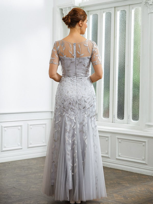 Aimishang A-Line/Princess Tulle Ruched Bateau Short Sleeves Ankle-Length Mother of the Bride Dresses