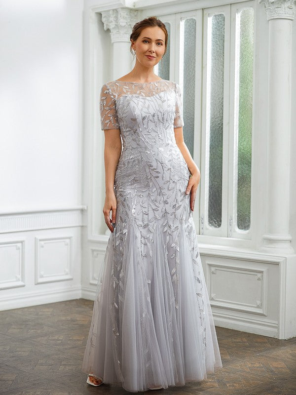 Aimishang A-Line/Princess Tulle Ruched Bateau Short Sleeves Ankle-Length Mother of the Bride Dresses