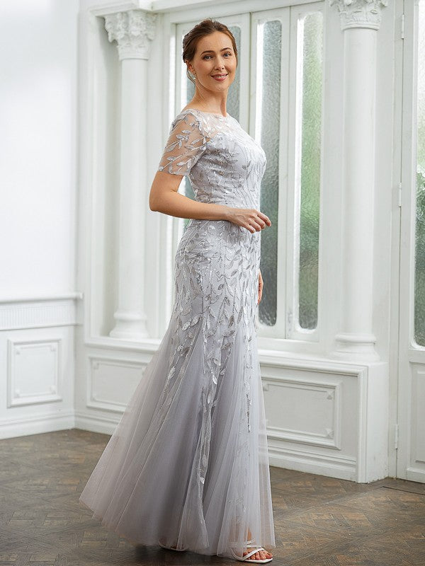 Aimishang A-Line/Princess Tulle Ruched Bateau Short Sleeves Ankle-Length Mother of the Bride Dresses