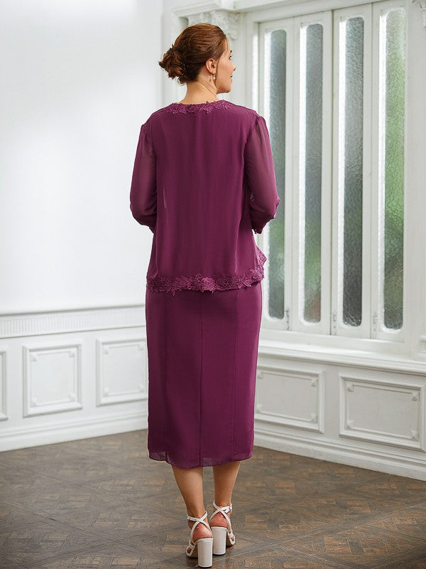 Aimishang Sheath/Column Chiffon Applique V-neck Sleeveless Tea-Length Mother of the Bride Dresses