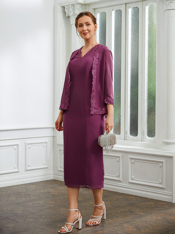 Aimishang Sheath/Column Chiffon Applique V-neck Sleeveless Tea-Length Mother of the Bride Dresses