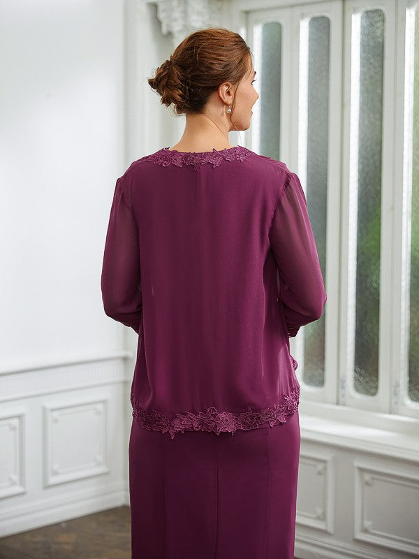 Aimishang Sheath/Column Chiffon Applique V-neck Sleeveless Tea-Length Mother of the Bride Dresses