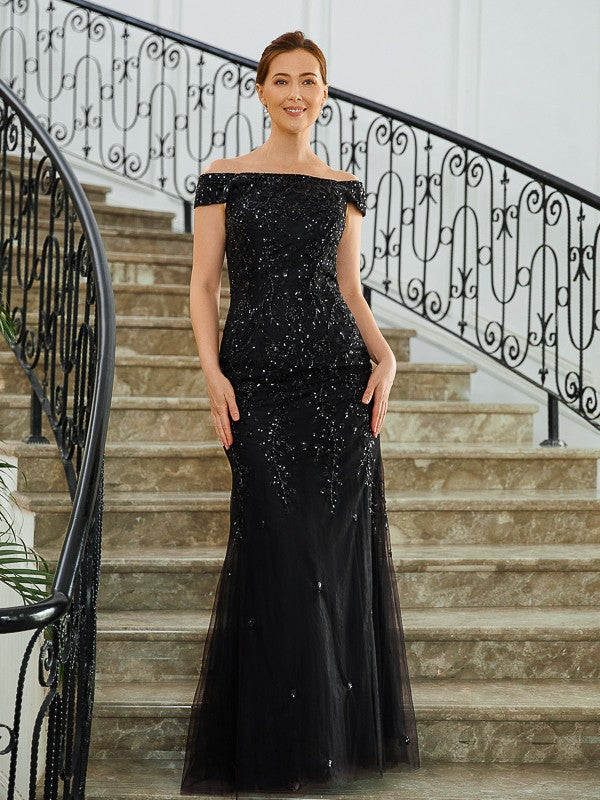 Aimishang Sheath/Column Tulle Beading Off-the-Shoulder Sleeveless Floor-Length Mother of the Bride Dresses