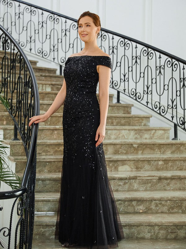 Aimishang Sheath/Column Tulle Beading Off-the-Shoulder Sleeveless Floor-Length Mother of the Bride Dresses