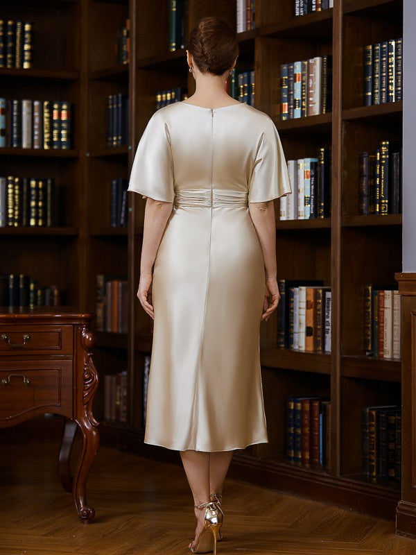 Aimishang Sheath/Column Woven Satin Ruched Scoop Short Sleeves Tea-Length Mother of the Bride Dresses