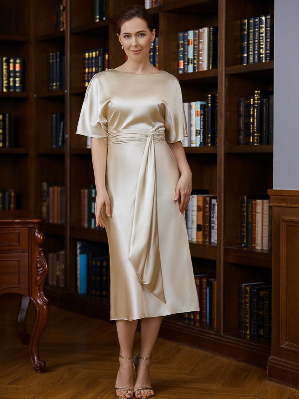 Aimishang Sheath/Column Woven Satin Ruched Scoop Short Sleeves Tea-Length Mother of the Bride Dresses