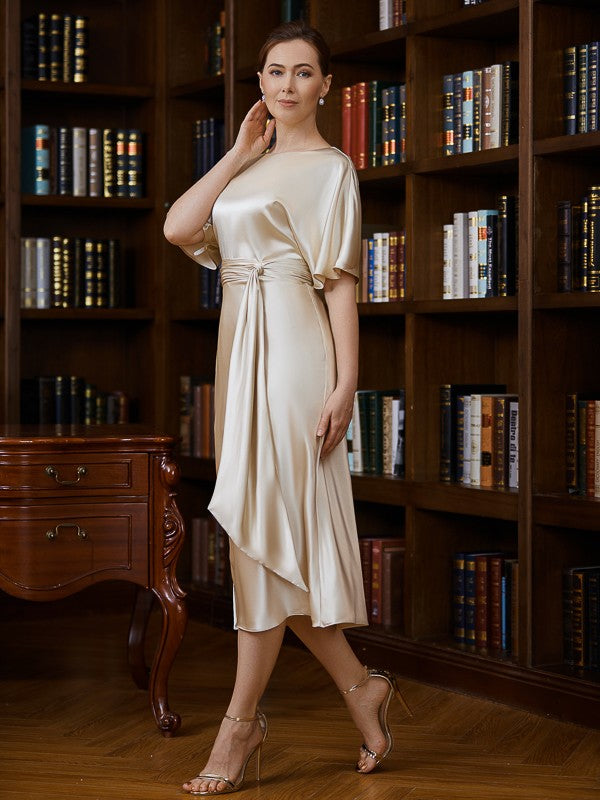 Aimishang Sheath/Column Woven Satin Ruched Scoop Short Sleeves Tea-Length Mother of the Bride Dresses