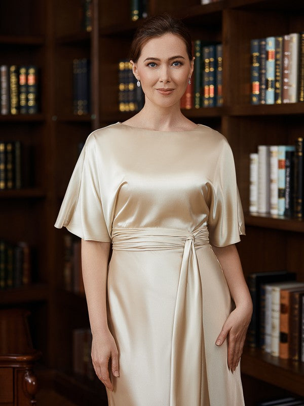 Aimishang Sheath/Column Woven Satin Ruched Scoop Short Sleeves Tea-Length Mother of the Bride Dresses