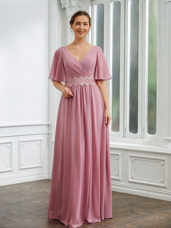 Aimishang A-Line/Princess Chiffon Ruched V-neck 1/2 Sleeves Floor-Length Mother of the Bride Dresses