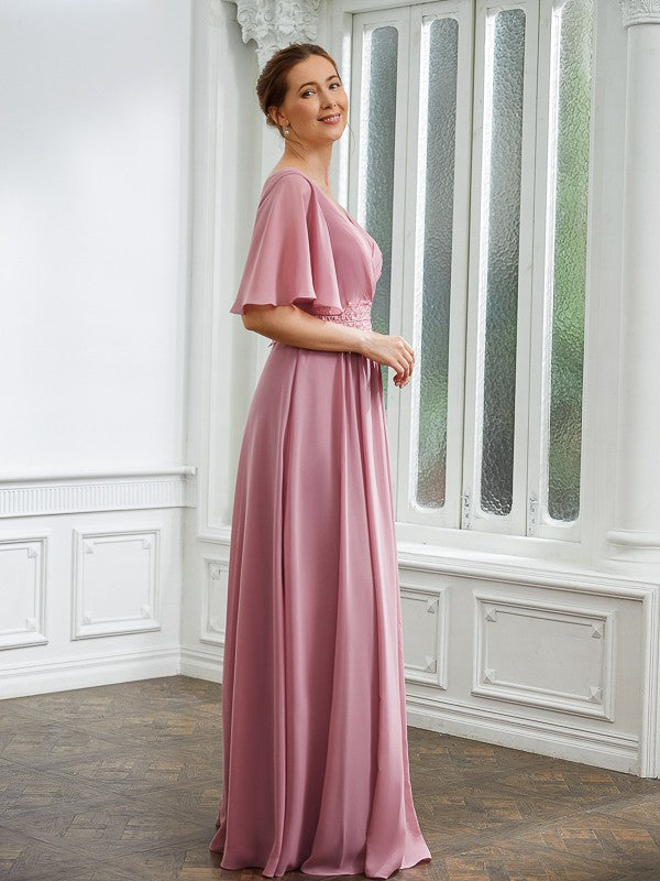 Aimishang A-Line/Princess Chiffon Ruched V-neck 1/2 Sleeves Floor-Length Mother of the Bride Dresses