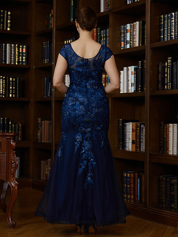Aimishang Sheath/Column Tulle Applique V-neck Short Sleeves Floor-Length Mother of the Bride Dresses