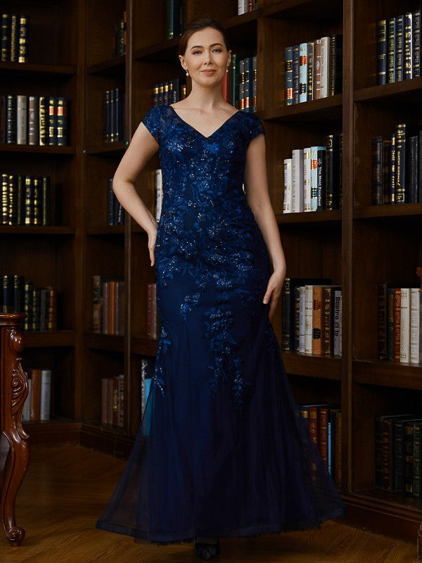 Aimishang Sheath/Column Tulle Applique V-neck Short Sleeves Floor-Length Mother of the Bride Dresses