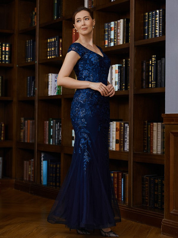 Aimishang Sheath/Column Tulle Applique V-neck Short Sleeves Floor-Length Mother of the Bride Dresses