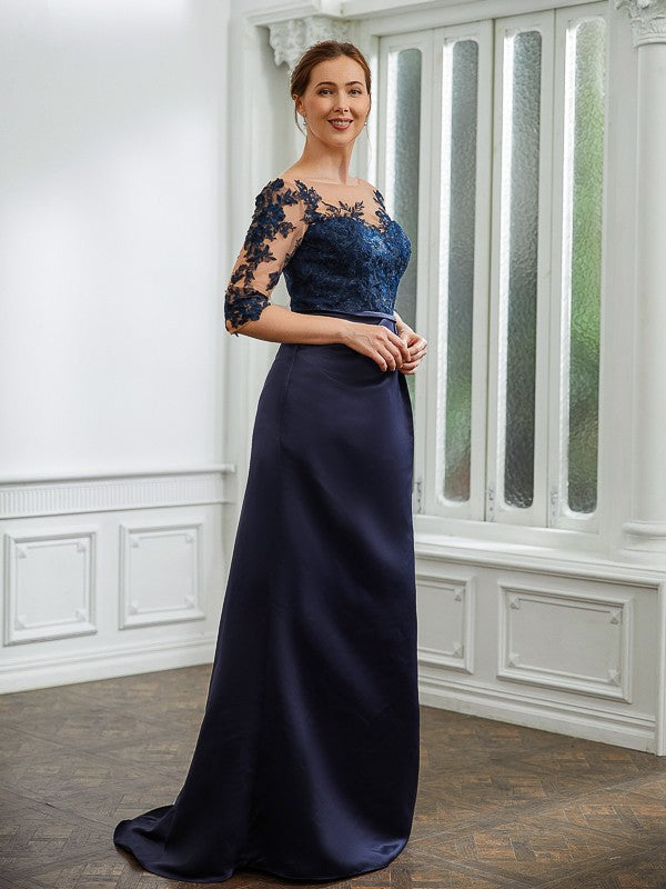 Aimishang Sheath/Column Satin Applique Bateau 1/2 Sleeves Sweep/Brush Train Mother of the Bride Dresses