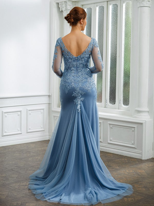 Aimishang Sheath/Column Tulle Applique V-neck Long Sleeves Sweep/Brush Train Mother of the Bride Dresses