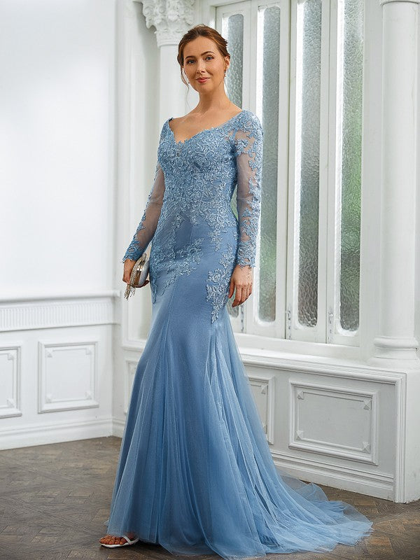 Aimishang Sheath/Column Tulle Applique V-neck Long Sleeves Sweep/Brush Train Mother of the Bride Dresses