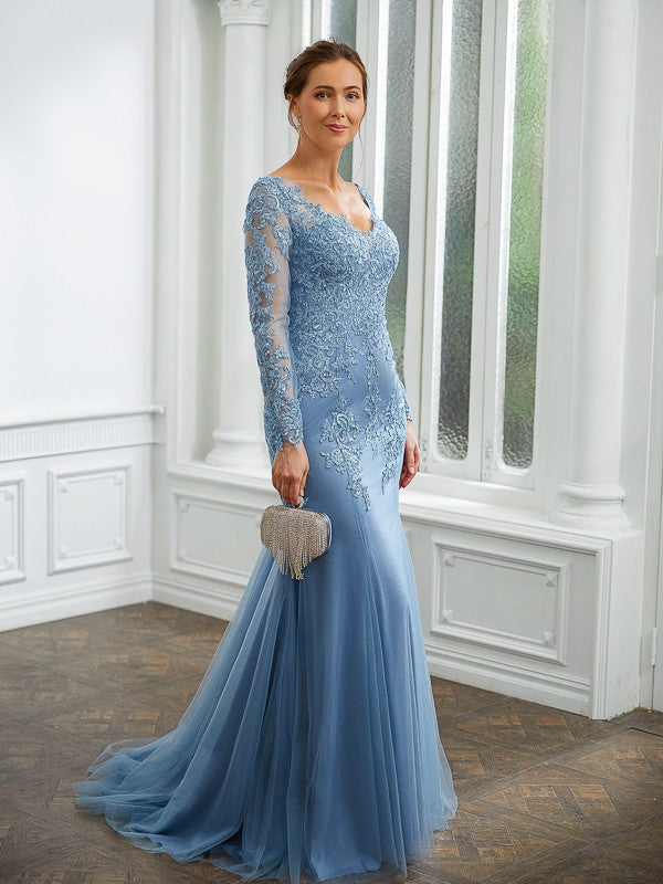 Aimishang Sheath/Column Tulle Applique V-neck Long Sleeves Sweep/Brush Train Mother of the Bride Dresses