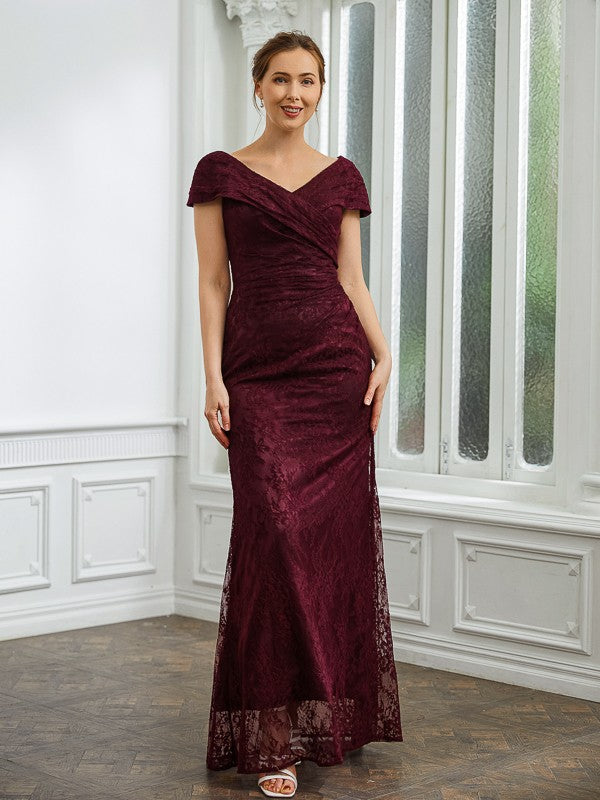 Aimishang Sheath/Column Lace Ruched V-neck Short Sleeves Floor-Length Mother of the Bride Dresses
