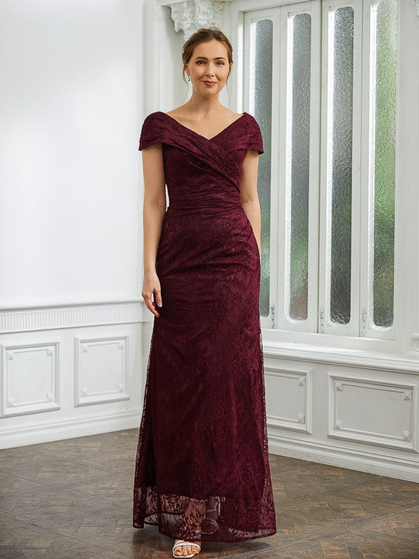Aimishang Sheath/Column Lace Ruched V-neck Short Sleeves Floor-Length Mother of the Bride Dresses