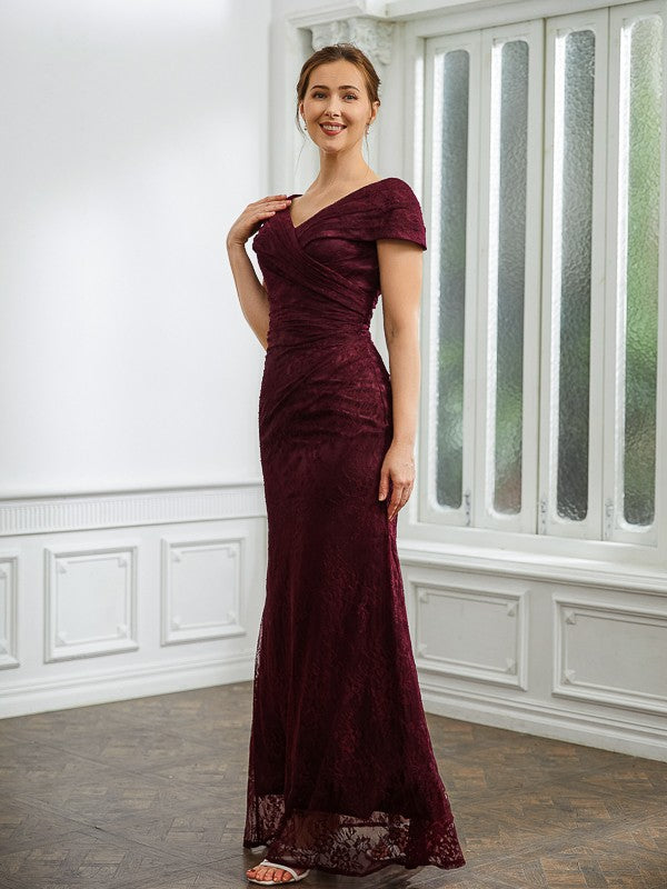 Aimishang Sheath/Column Lace Ruched V-neck Short Sleeves Floor-Length Mother of the Bride Dresses