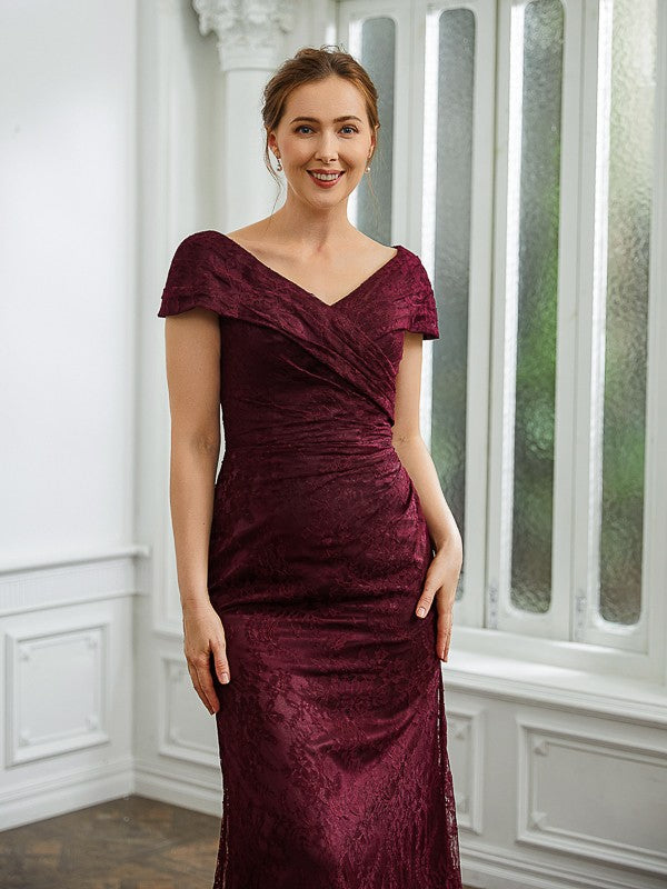 Aimishang Sheath/Column Lace Ruched V-neck Short Sleeves Floor-Length Mother of the Bride Dresses