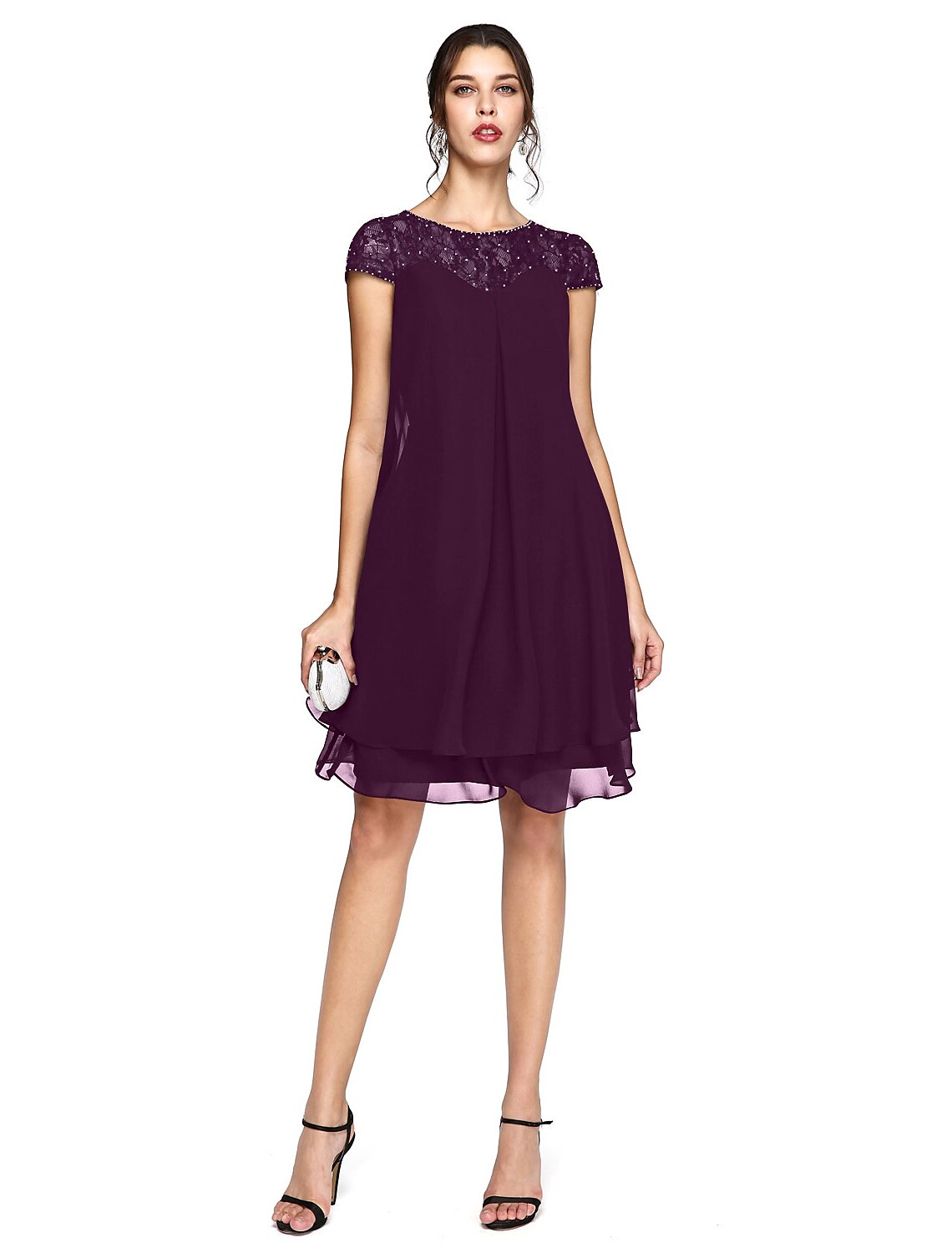 Aimishang A-Line Mother of the Bride Dress Plus Size Elegant Illusion Neck Knee Length Chiffon Lace Short Sleeve with Sequin