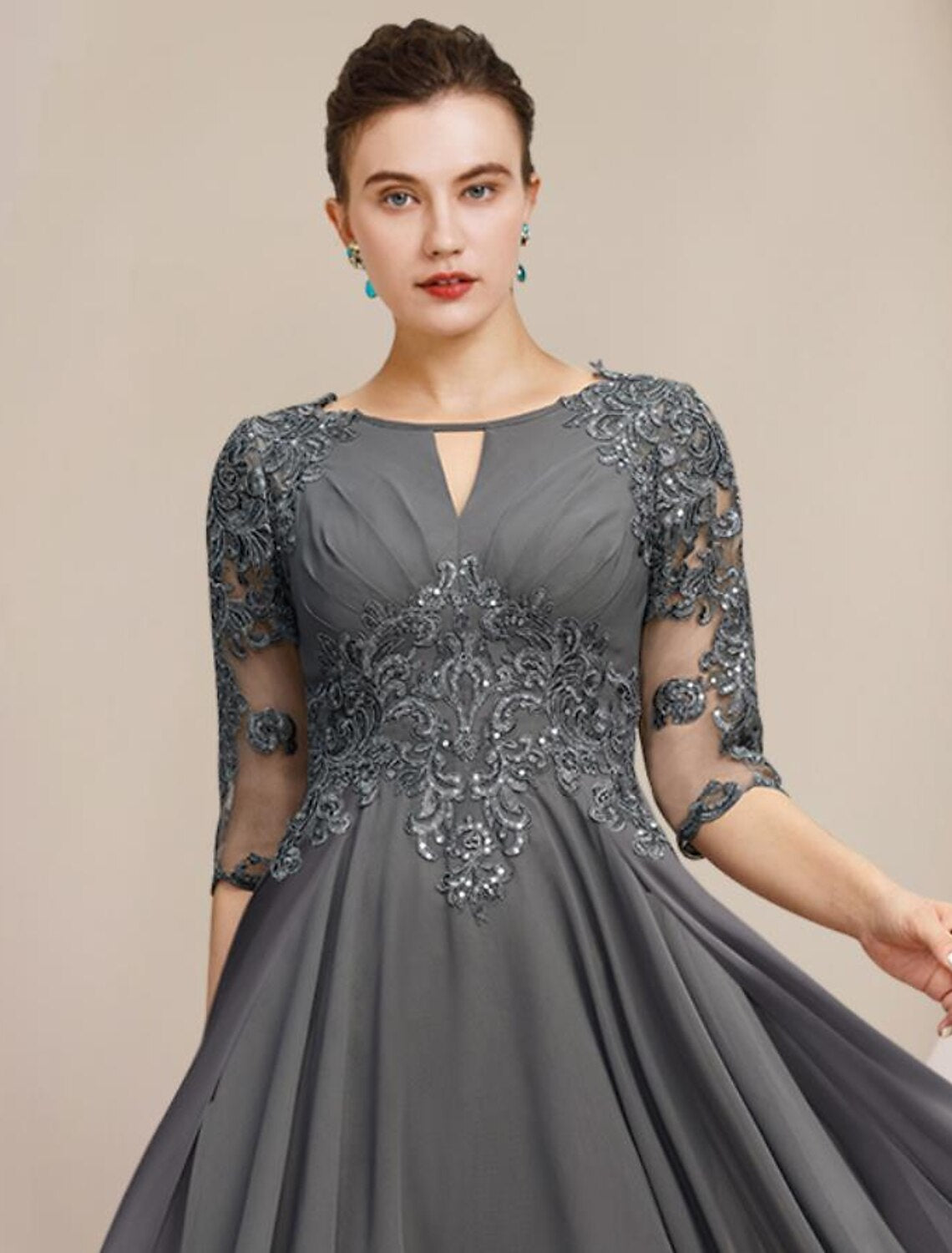 Aimishang A-Line Mother of the Bride Dress Formal Wedding Guest Elegant High Low Scoop Neck Tea Length Chiffon Lace Half Sleeve with Sequin Appliques