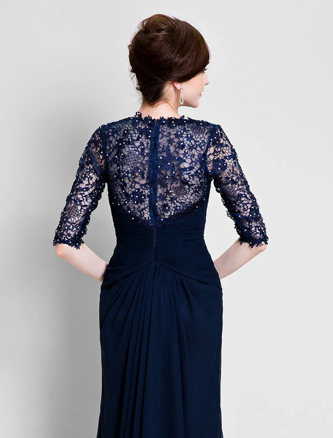 Aimishang A-Line Mother of the Bride Dress See Through V Neck Floor Length Chiffon Lace Half Sleeve No with Lace Beading
