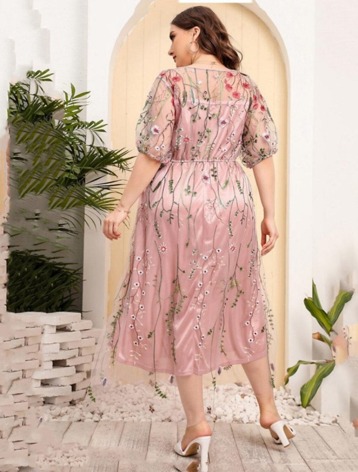 Mother of the Bride Dresses Plus Size Curve Hide Belly Party Plus Size Hide Belly Scoop Neck Ankle Length Tulle Half Sleeve with Embroidery Ruching