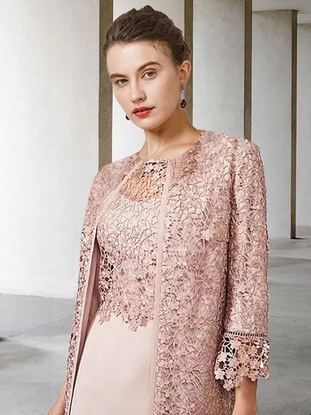 Two Piece Sheath / Column Mother of the Bride Dress Elegant Jewel Neck Knee Length Chiffon Lace Short Sleeve Jacket Dresses with Appliques - RongMoon