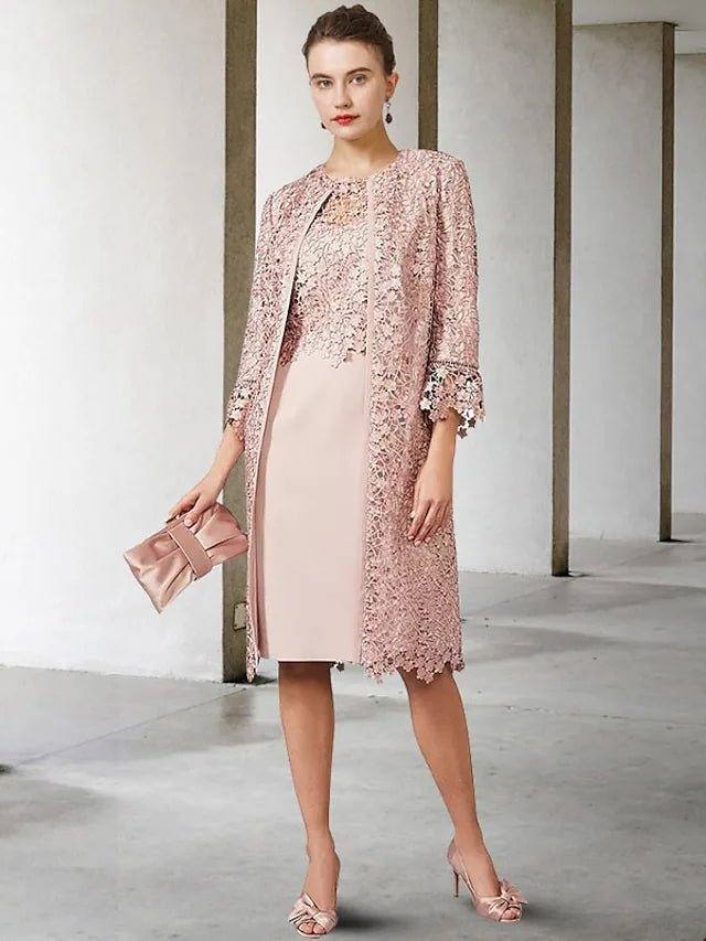 Two Piece Sheath / Column Mother of the Bride Dress Elegant Jewel Neck Knee Length Chiffon Lace Short Sleeve Jacket Dresses with Appliques - RongMoon