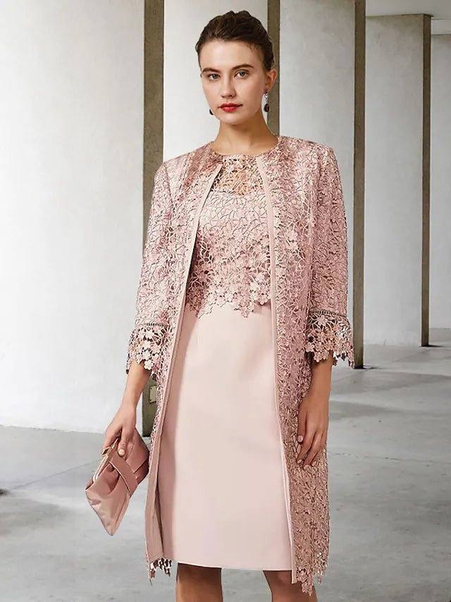 Two Piece Sheath / Column Mother of the Bride Dress Elegant Jewel Neck Knee Length Chiffon Lace Short Sleeve Jacket Dresses with Appliques - RongMoon