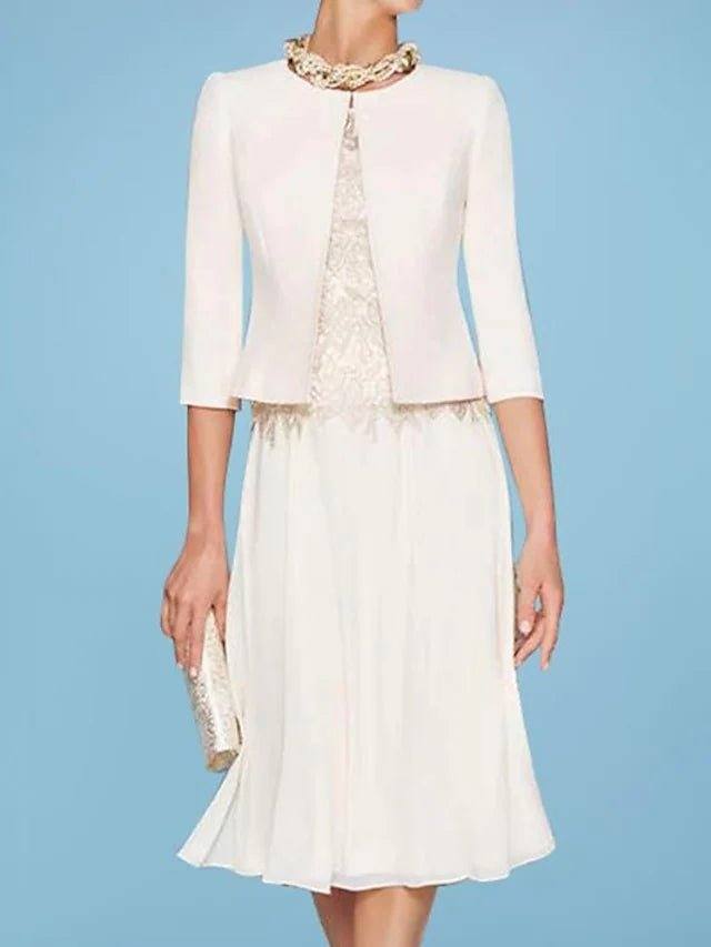 Two Piece Sheath / Column Mother of the Bride Dress Elegant Jewel Neck Knee Length Chiffon Satin Lace 3/4 Length Sleeve Short Jacket Dresses with Appliques - RongMoon