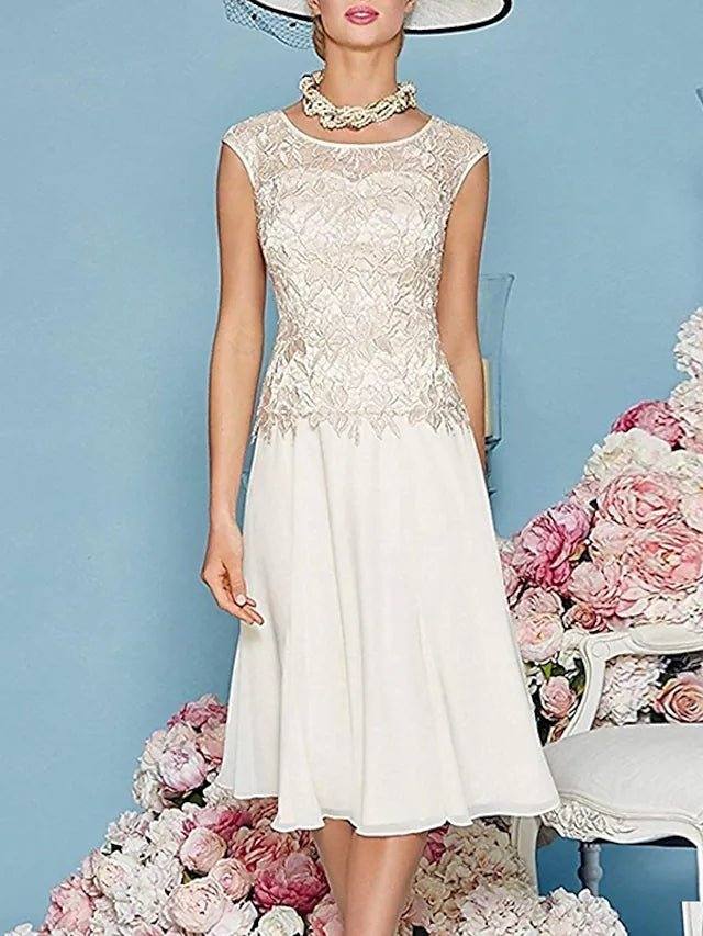 Two Piece Sheath / Column Mother of the Bride Dress Elegant Jewel Neck Knee Length Chiffon Satin Lace 3/4 Length Sleeve Short Jacket Dresses with Appliques - RongMoon