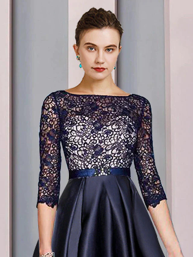 A-Line Mother of the Bride Dress Formal Church Elegant High Low Scoop Neck Asymmetrical Tea Length Satin Lace Half Sleeve with Sash / Ribbon Pleats