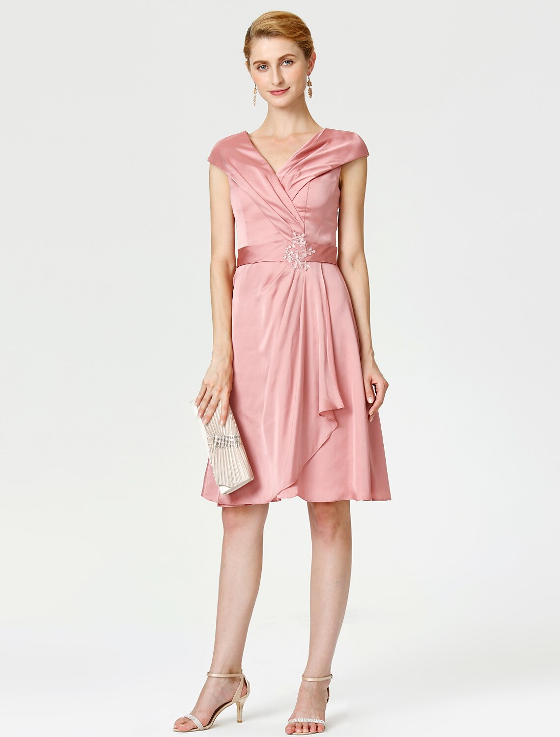Aimishang A-Line Mother of the Bride Dress Elegant V Neck Knee Length Satin Chiffon Short Sleeve No with Sash / Ribbon Pleats Beading