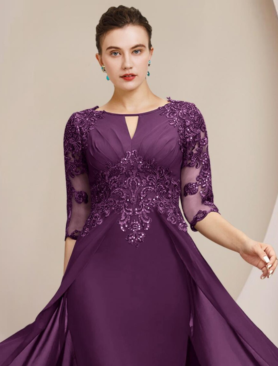 Aimishang Sheath / Column Mother of the Bride Dress Formal Wedding Guest Elegant Scoop Neck Floor Length Chiffon Lace Half Sleeve with Sequin Appliques