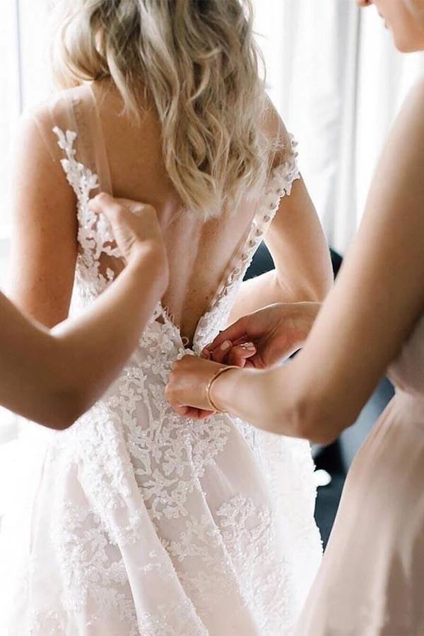 V-Neck A-Line Wedding Dress with Floral Beads Straps