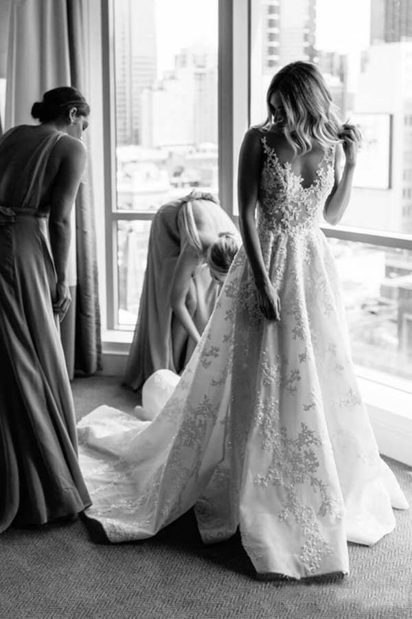 V-Neck A-Line Wedding Dress with Floral Beads Straps
